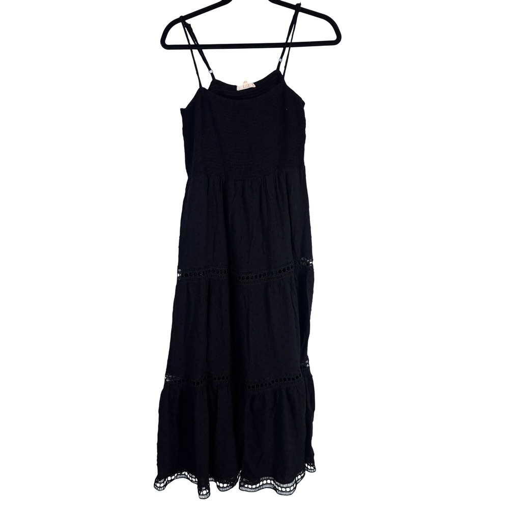 Ee:some Maxi Dress Smocked‎ Tiered Crochet Lace Large Black Womens